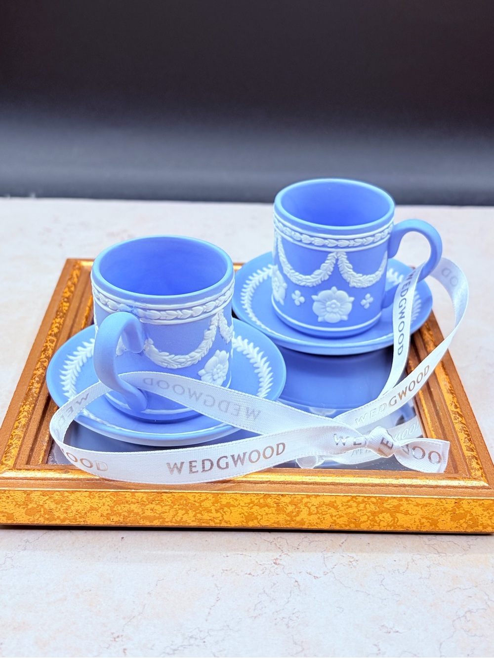 Set Of 2 Wedgwood Holiday Collection Jasperware Blue Cup & Saucer Ornaments